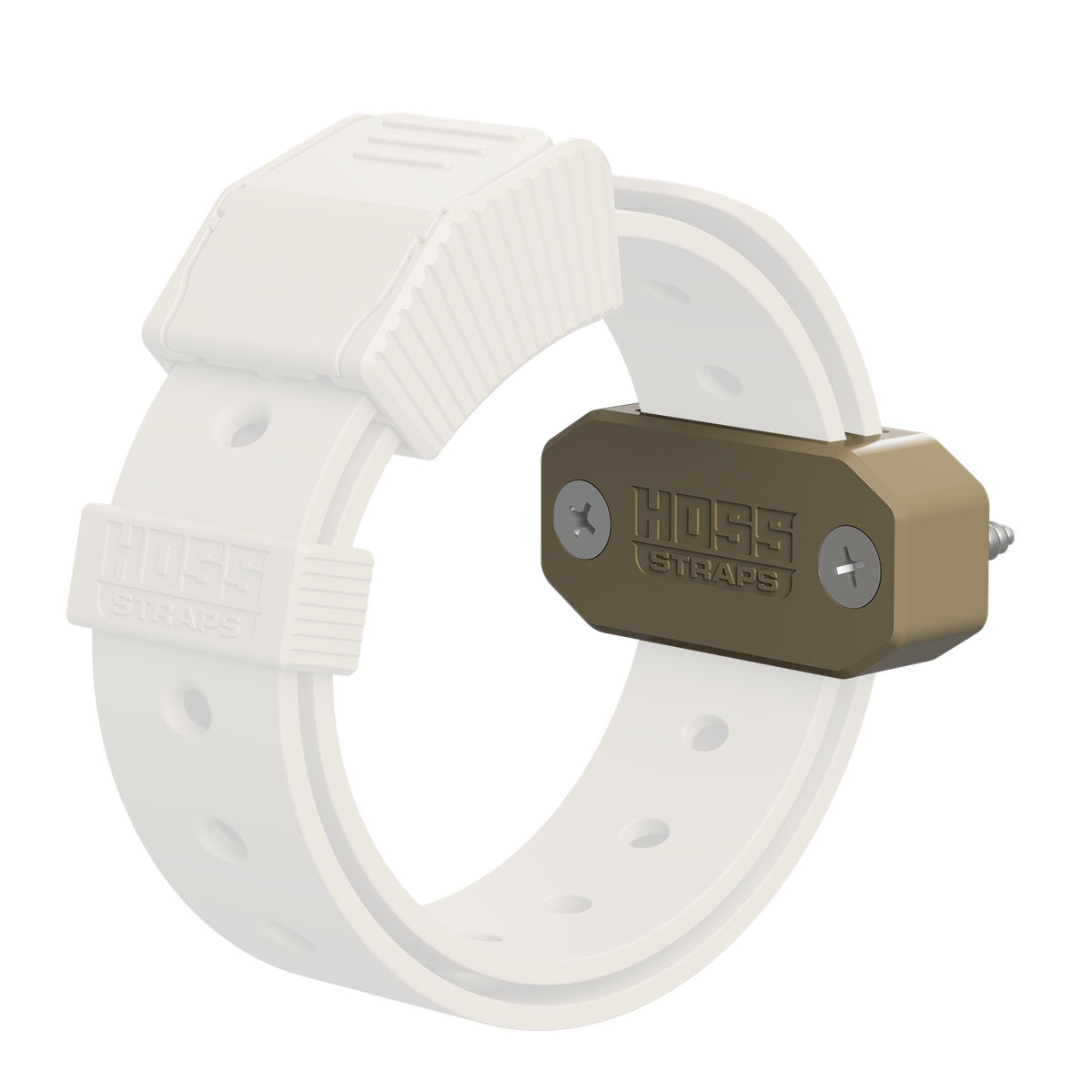 White strap with a brown metal buckle on a white background