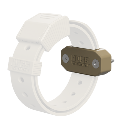 White strap with a brown metal buckle on a white background