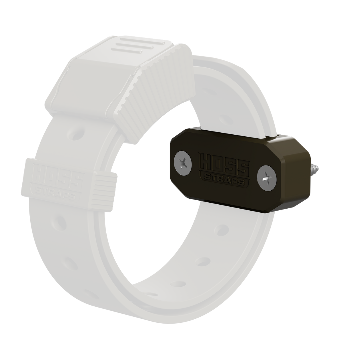 White plastic strap with a black metal clip on a white background