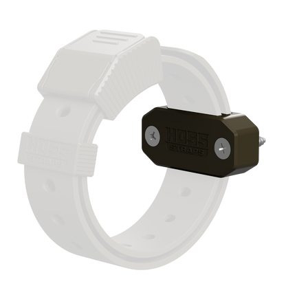 White plastic strap with a black metal clip on a white background