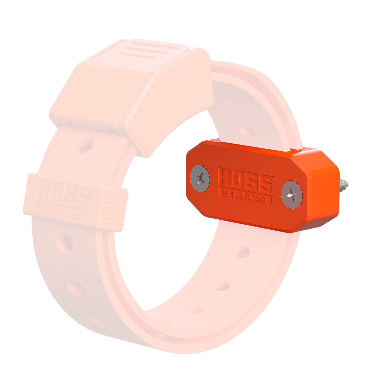 An orange HOSS Straint sensor mounted on a pale pink silicone strap, shown against a plain white background.