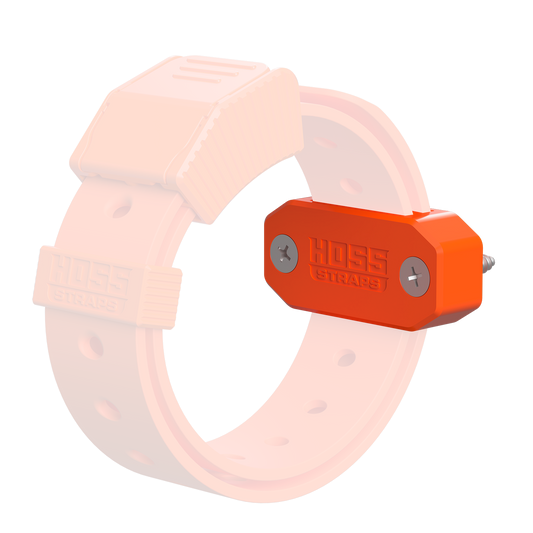 An orange HOSS Straint sensor mounted on a pale pink silicone strap, shown against a plain white background.