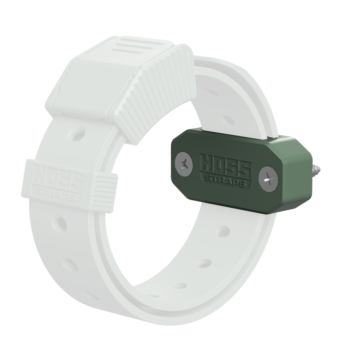 White strap with a green metal buckle on a white background