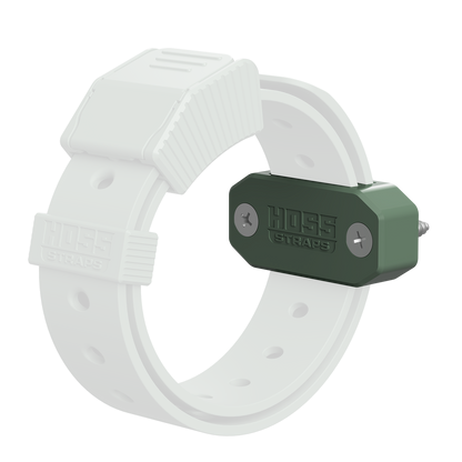 White strap with a green metal buckle on a white background