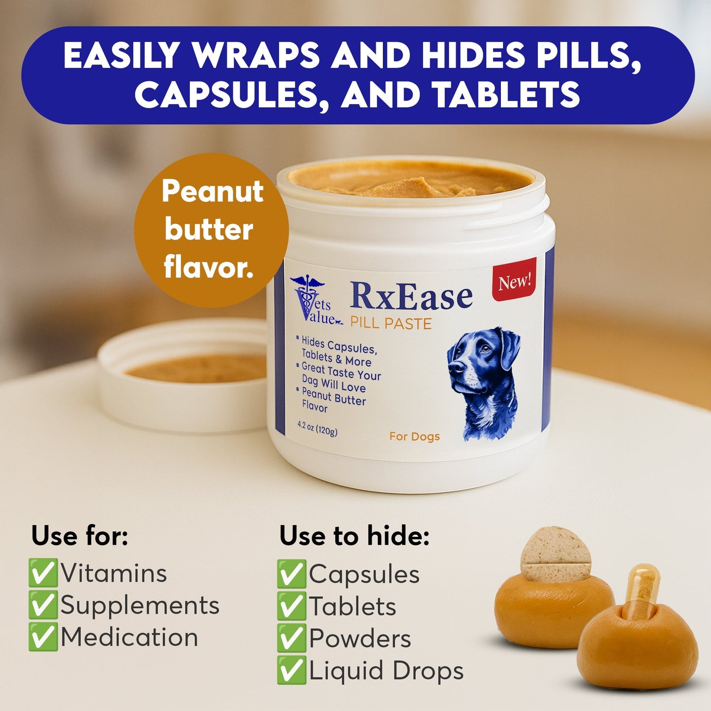 RxEase Pill Paste for Dogs – 4.2 oz Peanut Butter Flavor – Hides Capsules, Tablets And More