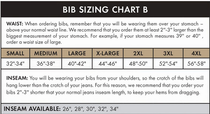 Bib sizing chart B with waist and inseam measurements 