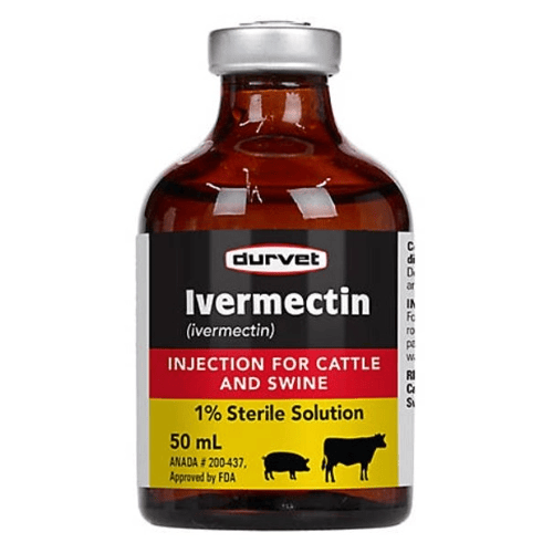 Vial of Ivermectin injection for cattle and swine with Durvet label  
