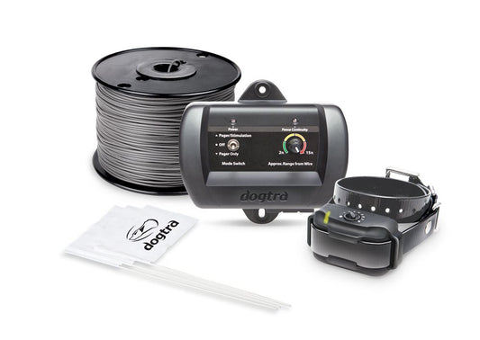 Included products in the box. Wire, receiver, collar, and flags.