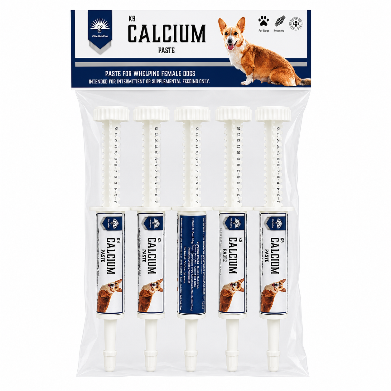 KB Calcium Paste for whelping female dogs, shown in a clear plastic bag with five syringes