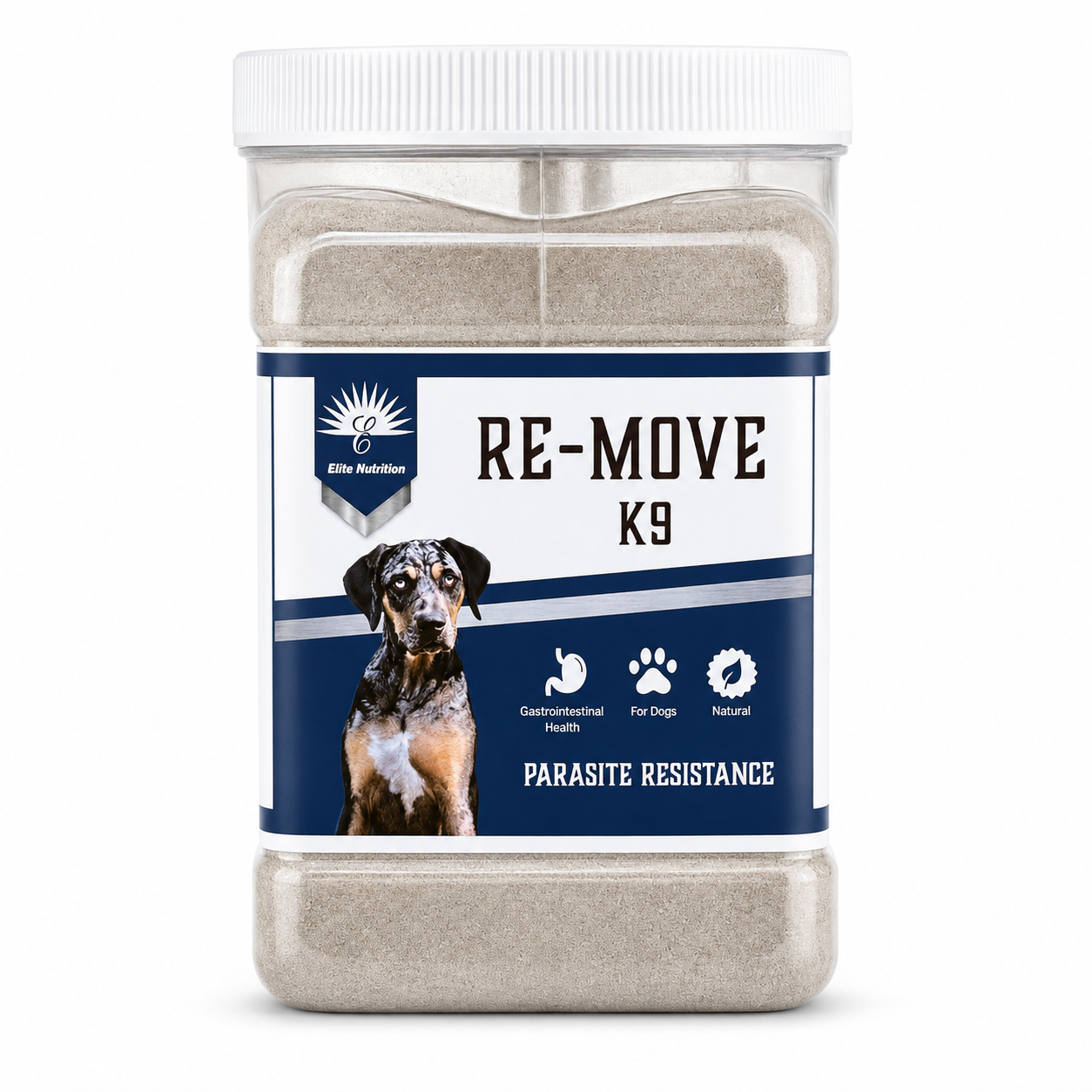 A clear plastic jar of Elite Nutrition Re-Move K9 Parasite Resistance treatment.