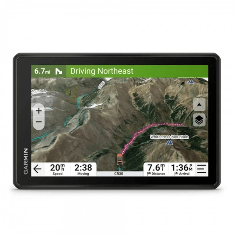Garmin GPS tread2 device displaying a map with a route  
