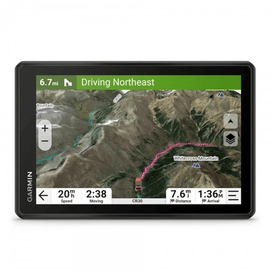 Garmin GPS tread2 device displaying a map with a route  