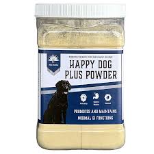 A jar of Happy Dog Plus Powder dog supplement  