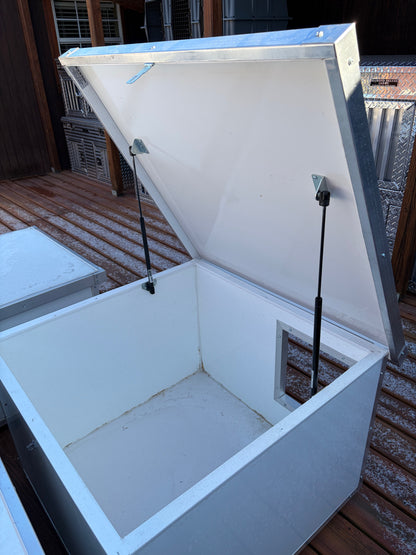 insulated dog house with lid open