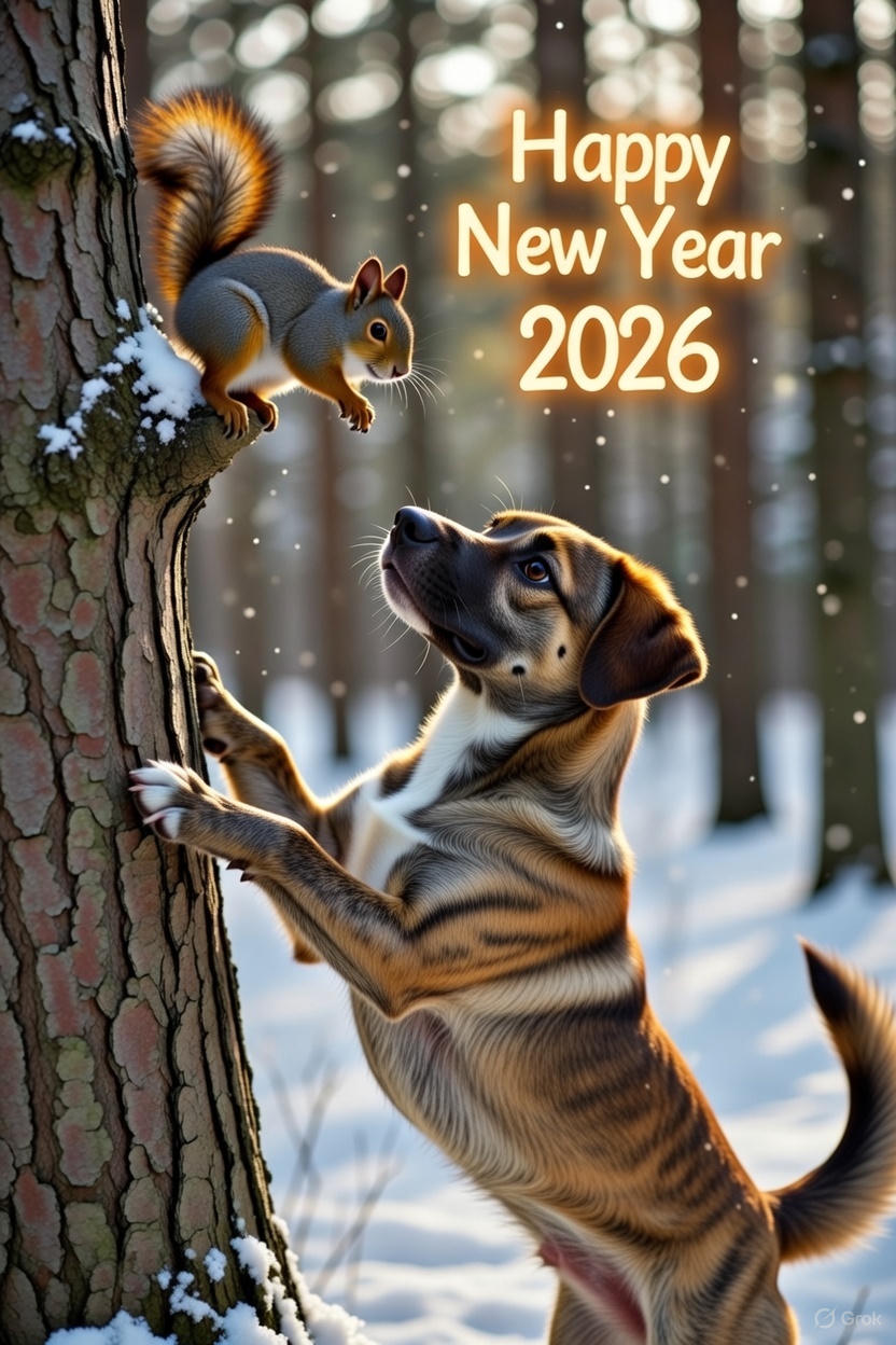 Dog and squirrel on a snowy tree with 'Happy New Year 2026' text